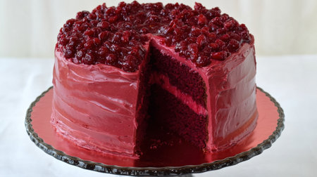 This beautiful red velvet cake is topped with fresh raspberries and showcases a rich, moist interior. Perfect for celebrations and special occasions.の素材