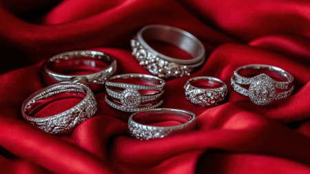 A stunning collection of silver rings arranged artistically on rich red satin fabric, showcasing intricate designs and sparkling details, perfect for fashion enthusiasts.の素材