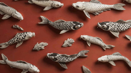 A striking arrangement of decorative ceramic fish on a rich terracotta background. This artwork highlights intricate textures and artistic details, ideal for enhancing interior spaces.の素材
