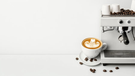A beautifully crafted latte featuring intricate foam art sits in a white cup beside a sleek coffee machine, surrounded by coffee beans, creating a warm ambiance.の素材