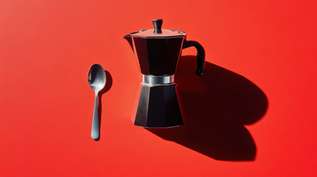 A striking black stovetop espresso maker placed on a vibrant red background, accompanied by a sleek silver spoon, ideal for coffee enthusiasts and modern kitchen designs.の素材