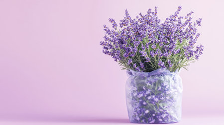 A charming bouquet of fresh lavender elegantly arranged in a clear vase, set against a soft pink background. Perfect for decorating homes, promoting relaxation.の素材
