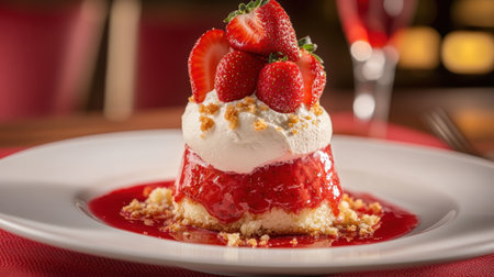 A beautifully presented strawberry cake topped with fresh strawberries and whipped cream, drizzled with a rich red sauce, perfect for dessert lovers.の素材