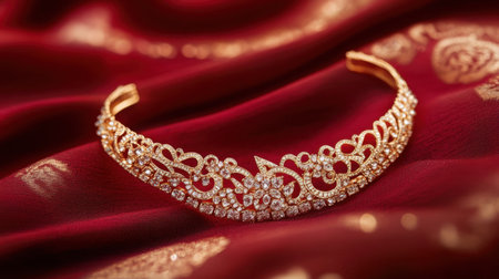 This stunning gold tiara embellished with sparkling diamonds exudes luxury and elegance, set against a rich crimson fabric background. Perfect for special occasions.の素材