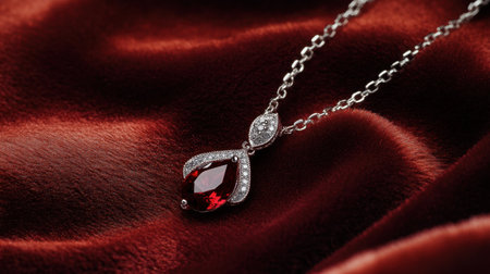 This striking silver necklace features a stunning red gemstone pendant that elegantly hangs on a rich velvet background, perfect for upscale fashion photography.の素材