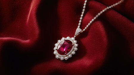 This stunning ruby pendant, adorned with intricate diamond accents, rests gracefully against a rich red silk backdrop, showcasing luxury and elegance.の素材
