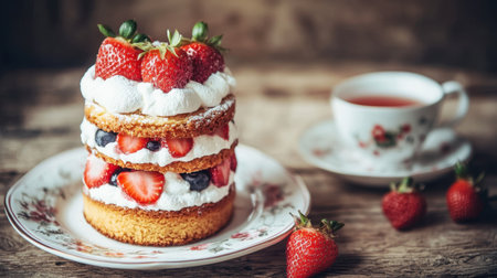 A beautifully layered strawberry cake topped with fresh berries and cream, served alongside a delicate tea cup, perfect for dessert lovers.の素材