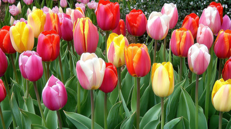 A stunning display of vibrant tulips showcases an array of bright colors amidst lush green foliage. Perfect for celebrating spring's beauty.の素材