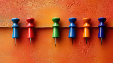 A row of vibrant push pins in red, blue, green, orange, and yellow against a dynamic orange background, perfect for illustrating office creativity and organization.の素材