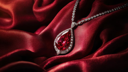A captivating close-up of an elegant red gemstone necklace featuring a stunning pendant on rich red silk fabric, showcasing exquisite diamond accents.の素材