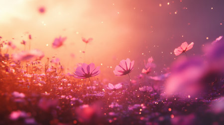 A stunning scene of colorful blooming flowers fills the garden landscape with a warm glow from the sunset, creating a serene and tranquil atmosphere.の素材