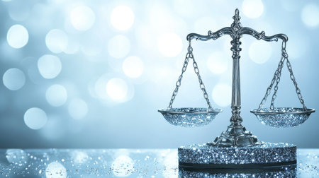 A detailed silver scale of justice sits elegantly on a glittery surface, showcasing a soft blue bokeh background that highlights themes of law and fairness.の素材