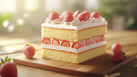 A beautifully crafted layer cake featuring fresh strawberries, creamy frosting, and a soft sponge base, perfect for promoting desserts and baking delights.の素材