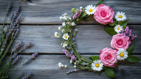 A stunning floral wreath featuring delicate pink roses and cheerful daisies arranged on a rustic wooden background, perfect for seasonal decorations.の素材