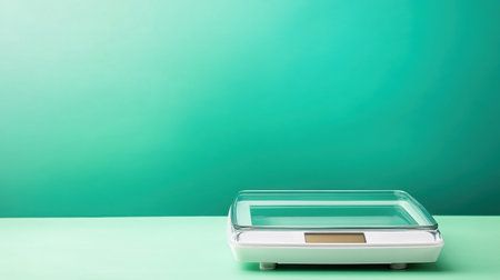 A sleek and modern digital kitchen scale rests on a smooth surface, surrounded by a soft green gradient, epitomizing minimalist design and practicality.の素材