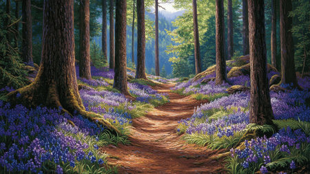 A stunning view of a serene woodland pathway surrounded by vibrant purple bluebells and towering green trees, offering a peaceful escape into nature's beauty.の素材