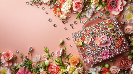 A stunning composition featuring a luxurious handbag adorned with beautiful flowers and sparkling jewels, creating an artistic display of elegance and beauty.の素材