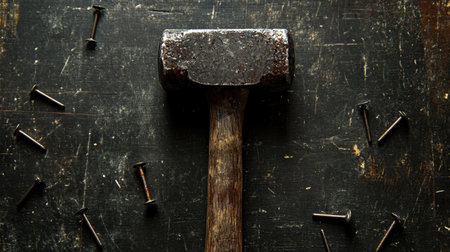 A heavy hammer rests on a dark wooden surface. Scattered nails and tools create a visual focus on craftsmanship in this rustic industrial setting.の素材