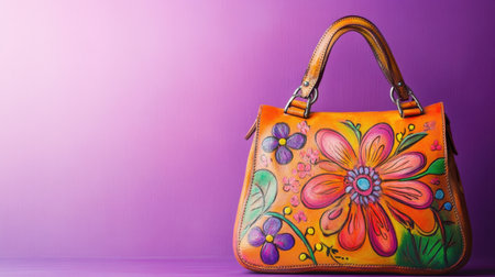 This vibrant handcrafted leather bag features a beautiful floral design against a soft purple background, perfect for fashion and lifestyle photography.の素材