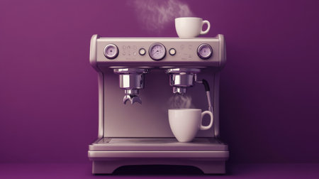 A sleek espresso machine sits on a modern countertop with steam rising from two white cups. The vibrant purple background enhances the coffee experience, perfect for showcasing rich aromas and taste in a stylish kitchen setting.の素材