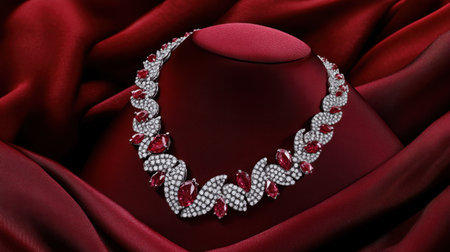 This captivating necklace features radiant red gemstones and diamond accents, beautifully displayed against a rich red satin background, showcasing elegance and luxury.の素材