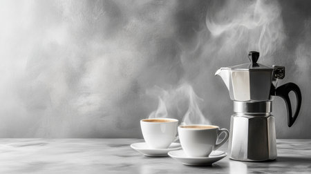 A cozy coffee scene showcasing two steaming cups next to a moka pot on a marble surface, perfect for coffee lovers seeking warmth and flavor.の素材