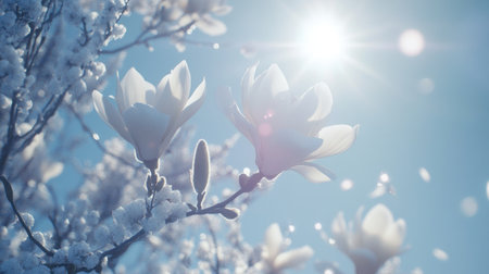 This stunning image captures delicate white flowers blooming in sunlight against a soft blue background, embodying the essence of spring and nature's beauty.の素材