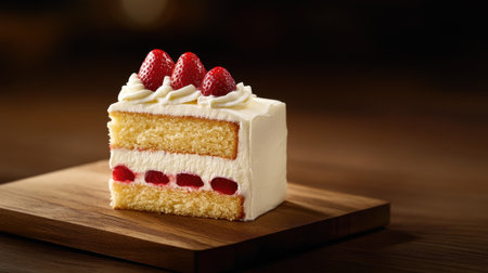 A beautifully presented slice of strawberry layer cake, featuring rich cream and fresh strawberries, perfect for celebrations and indulgent moments.の素材