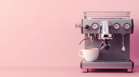 A sleek coffee machine prepares a fresh shot of espresso in a stylish cup, creating a warm and inviting atmosphere against a soft pink background.の素材