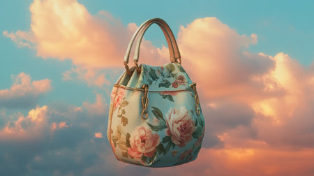 This elegant floral handbag captures the essence of style and beauty, set against a dreamy sky filled with soft clouds at sunset, perfect for any occasion.の素材