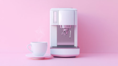 A stylish white coffee machine sits next to a steaming cup on a soft pink background, embodying modern design and cozy kitchen vibes. Perfect for minimalists.の素材