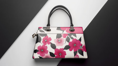 A stunning handbag featuring vibrant pink flowers against a sleek black and white geometric backdrop. Perfect for fashionable outings and stylish events.の素材