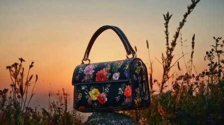 A stunning floral handbag beautifully contrasted against a vibrant sunset in a natural setting, capturing the essence of outdoor fashion and elegance.の素材