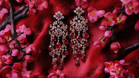 Discover the beauty of these exquisite red earrings adorned with shimmering rhinestones and pearls, elegantly displayed on rich velvet and pink blooms.の素材