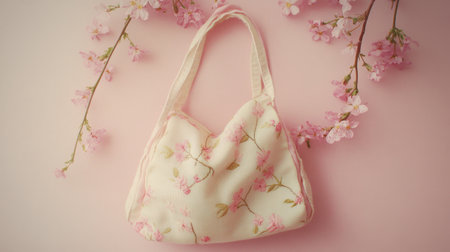A charming floral handbag rests gracefully on a soft pink background, beautifully adorned with delicate cherry blossoms, creating an aesthetic spring vibe.の素材