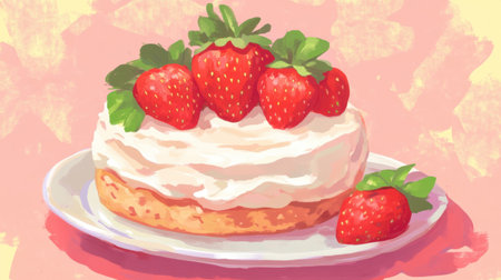 A charming strawberry cake adorned with fresh strawberries and creamy frosting, set against a soft pastel background, perfect for any dessert loverの素材