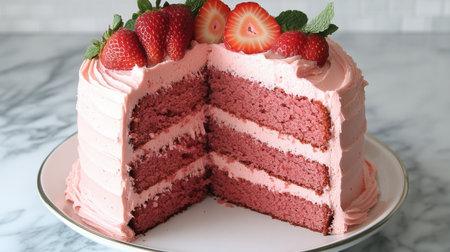 A stunning three-layer pink cake decorated with fresh strawberries and mint leaves, perfect for celebrations and gatherings, adding a vibrant touch to any dessert table.の素材