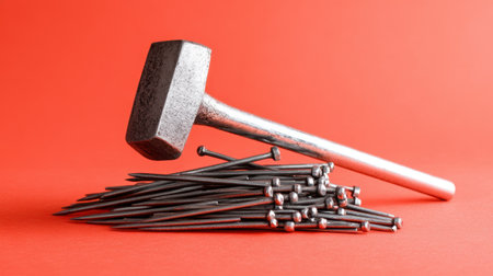 A close-up image of a powerful hammer resting on a mound of nails against a vibrant red background, ideal for showcasing construction, DIY, and repair tools.の素材