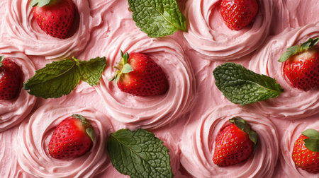 This image features a delightful spread of creamy pink dessert swirls topped with fresh strawberries and mint, perfect for summer gatherings or celebrations.の素材