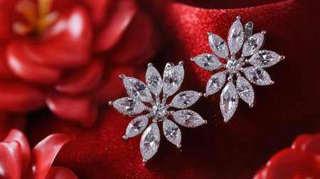 Stunning silver earrings shaped like flowers feature sparkling gemstones, beautifully arranged against a rich red silk background, ideal for elegant occasions.の素材
