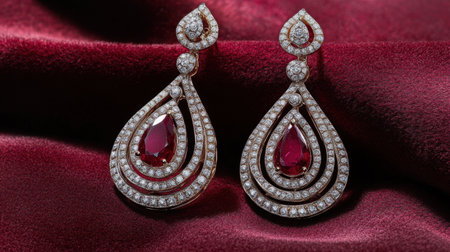 This stunning image showcases elegant ruby drop earrings adorned with intricate diamond detailing, beautifully displayed on a soft maroon fabric background. Perfect for jewelry lovers.の素材