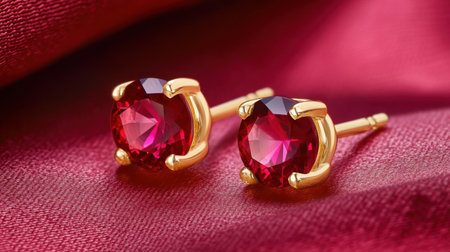 Captivating close-up image of stunning gold earrings featuring vibrant red gemstones, elegantly displayed on rich silk fabric, perfect for fashion lovers.の素材