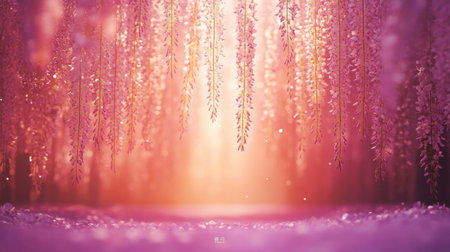 A stunning display of delicate pink wisteria blossoms hangs gracefully from vines, illuminated by soft, ethereal light that creates a magical ambiance.の素材