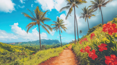 This beautiful photograph features a winding path surrounded by colorful flowers and palm trees under a bright blue sky, capturing the essence of tropical paradise.の素材