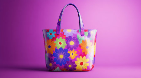 This vibrant tote bag features a playful floral design against a bold purple background, ideal for lifestyle, fashion, or seasonal promotions. Perfect accessory!の素材