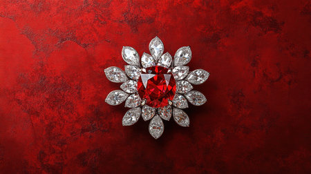 This stunning image features a striking red gemstone brooch surrounded by sparkling diamonds, set against a rich red textured background, perfect for showcasing luxury and elegance.の素材