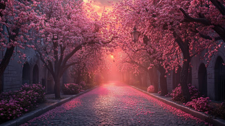 A scenic pathway adorned with cherry blossom trees creates an enchanting atmosphere during a tranquil sunset. The blooming flowers cast a serene ambiance, perfect for relaxation.の素材