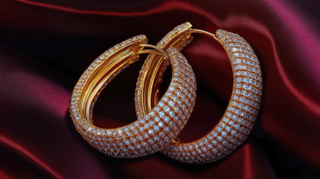 Capture the essence of luxury with these stunning gold hoop earrings adorned with sparkling diamonds, set against a rich satin background. Perfect gift!の素材