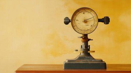 A vintage pressure gauge sits elegantly on a wooden surface, showcasing intricate details and a soft yellow background, perfect for industrial themes.の素材