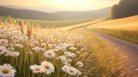 Experience a breathtaking view of a serene meadow filled with blooming daisies, framed by gentle rolling hills under a warm sunset glow. This peaceful landscape captures the essence of nature and tranquility, perfect for those seeking a touch of rural beauty.の素材